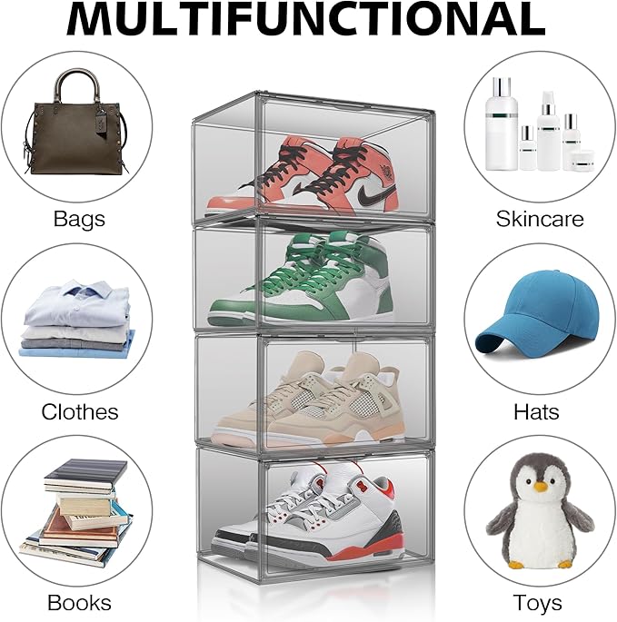 10 Pack Black Acrylic Shoe Display Case Size 12 Sneaker Storage Box Handbag Purse Organizer Clear Storage Bins with Magnetic Door for Shoes, Purse, Handbag, Figure Collectibles