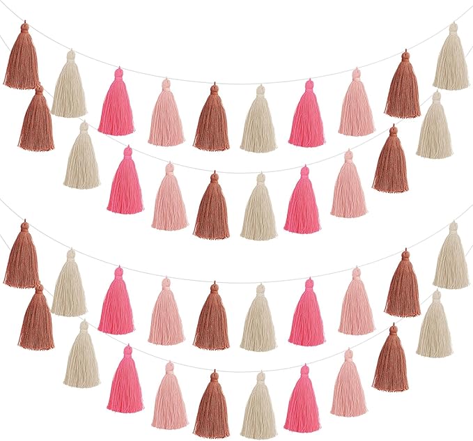 WILLBOND 4 Pieces Tassel Garland Rose Red Pink Brown Khaki Tassel Garland for Classroom Wall Decor Boho Pastel Cotton Banners for Party School(3.1 Inch, Rose Red, Pink, Brown, Khaki)