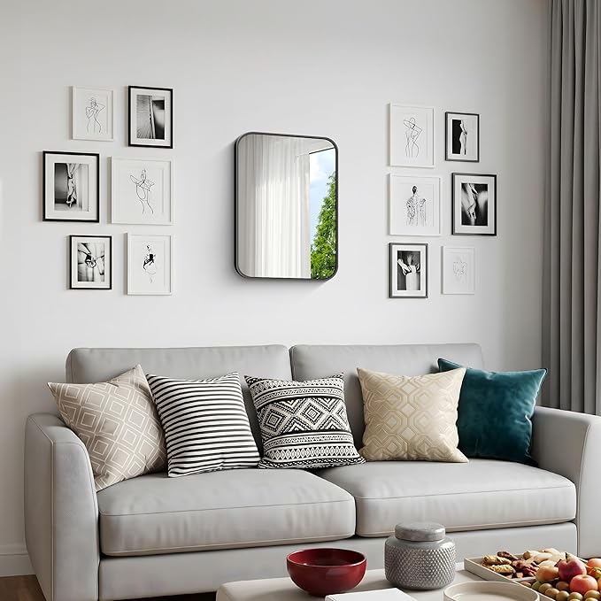 BONEWEI 16x20 inch Bathroom Mirror,Black Rectangle Mirror,Wall Mounted Bathroom Frame Vanity Mirror with Round Corner for Bedroom Living Room,Entryway Hangs Horizontal or Vertical