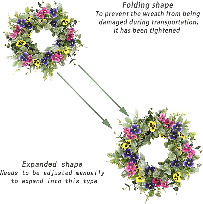 Artificial Spring Summer Wreath with Pansy Flowers,Flocked Lamb Ear Leaves,Eucalyptus Leaves,Fern Branches for Front Door Indoor Outdoor Farmhouse Wall Holiday Decor, White Gift Box Included