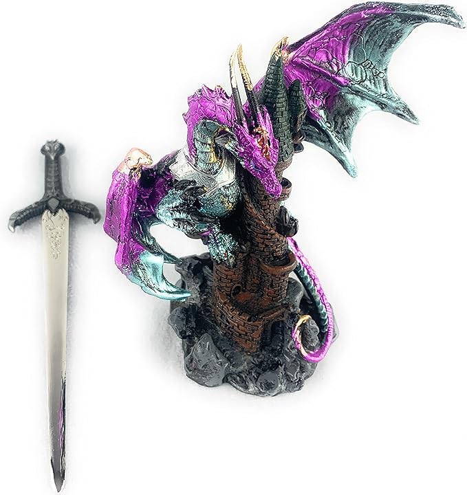 Ain't it Nice Dragon Statue Purple with Medieval Dragon Sword and Crystal Ball Protecting A Castle Collectible Dragon Figurine Fantasy Medieval Dragon Décor, 4.5(L) 2(W) 6.5(H) inches, 71980