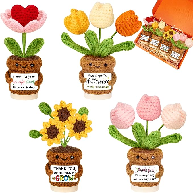 4 Pcs Thank You Gifts for Women, Positive Crochet Sunflower Tulip Heart Potted Plant Flower Dolls with Card Wooden Stands and Box, Teacher Employee Appreciation Gifts, Mothers Day, Birthday Gift