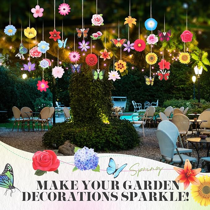 Colingmill 60 Pcs Summer Ornaments for Tree 3.15'' Summer Wooden Flower Butterfly Sunflower Ornaments Spring Wood Hanging Tree Decoration for Birthday Wedding Baby Shower Party Decoration