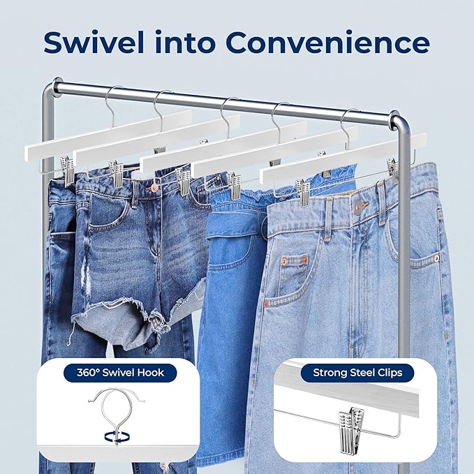 SereneLife 30 Pack Skirt and Pant Hanger with Adjustable Non-Slip Steel Clips, Premium Wooden, 360° Swivel Hook & 10 lb Capacity – Space-Saving Heavy-Duty Hangers for Jeans, Shorts & Slacks (White)