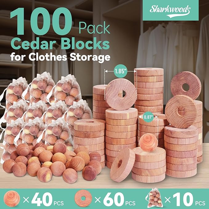 Cedar Blocks for Clothes Storage 100 Pack, 100% Natural Aromatic Cedar Rings and Balls for Closets & Drawers Freshener (60 Rings & 40 Balls)