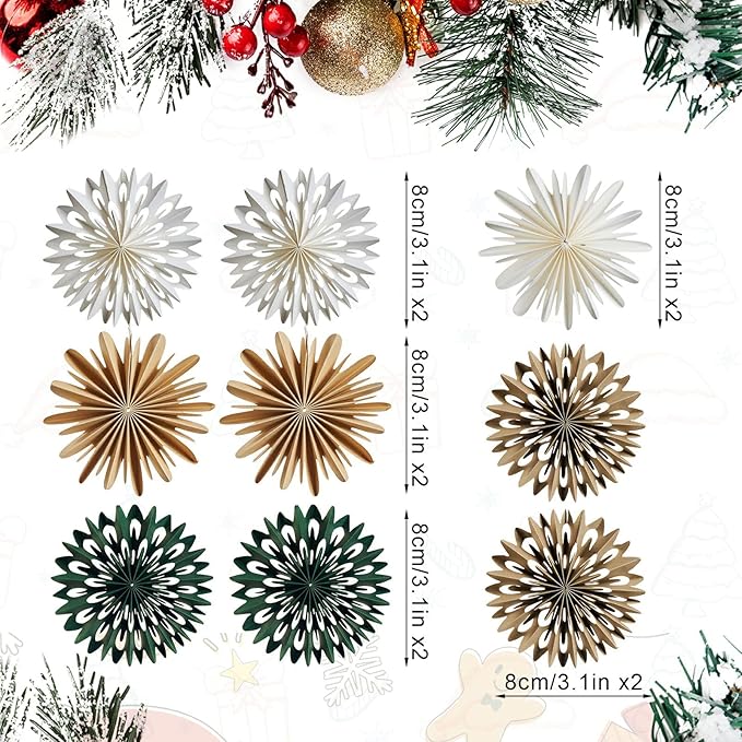 EASY JOY Christmas Hanging Decorations - 9Pcs 3D Christmas Tree Paper Hanging Decor Green White Light Brown Snowflake Ornaments Christmas Decorations Outdoor Indoor for Xmas New Year Window Boho Door