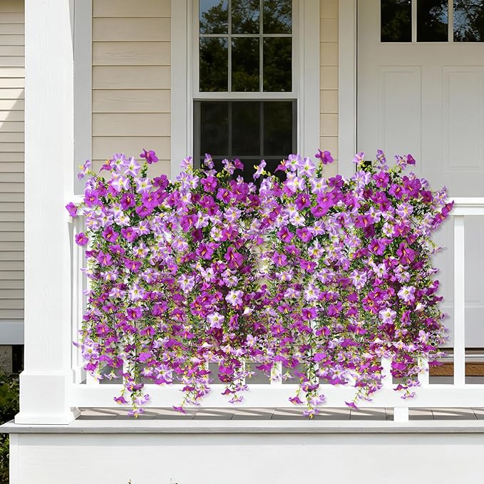 Artificial Fake Hanging Flowers Plants for Outdoor Spring Decoration,2 PCS Faux Silk Morning Glory with Eucalyptus Leaves,UV Resistant Realistic Trailing Vines for Balcony Porch Patio Yard Garden