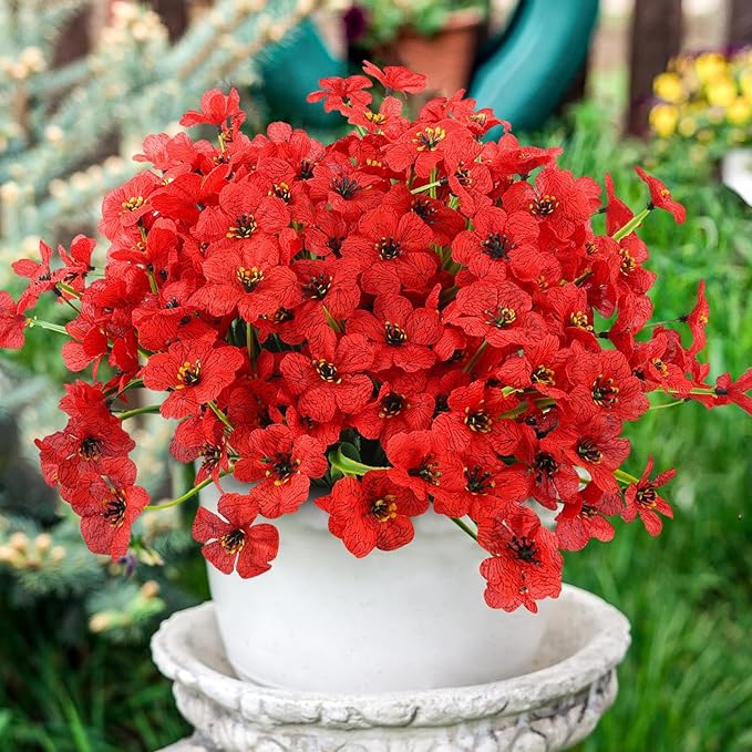 MACTING 12 Bundles Artificial Flowers for Outdoors Fake Flowers UV Resistant Faux Plastic Plants No Fade for Planters Window Patio Porch Garden Home Outside Spring Summer Decorations,Red
