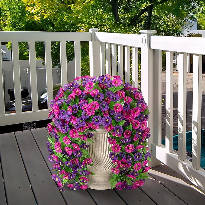 Artificial Flowers with Hanging Basket, Outdoor Faux Plants Silk Morning Glory Vines, Fake Green Arrangement for Garden Patio Spring Summer Decor(Purple Red Violet)