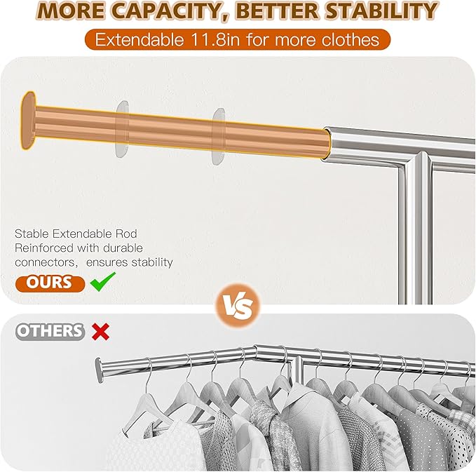 Raybee 75" W Clothes Rack Load 530 LBS, Clothing Racks for Hanging Clothes, Adjustable Heavy Duty Clothes Rack, Portable Metal Garment Rack for Bedroom Laundry Living Room