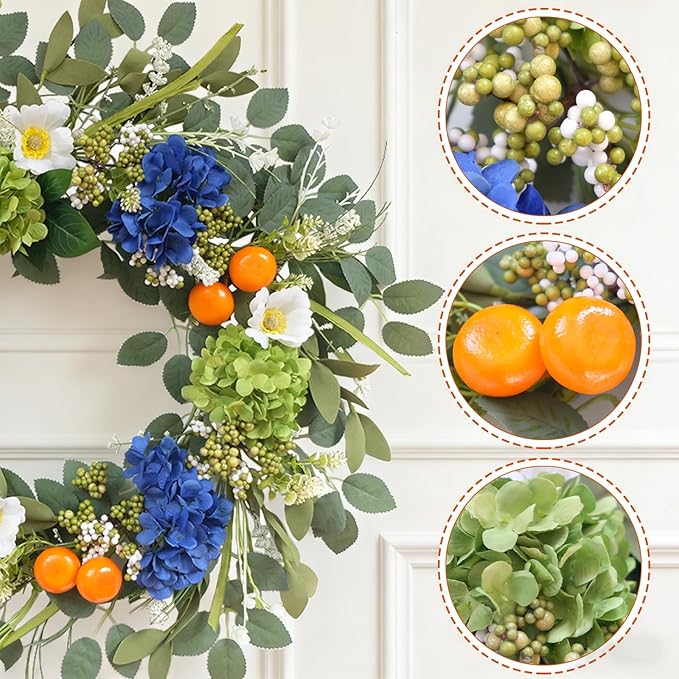 Idyllic 22 Inch Spring Wreath Blue Green Hydrangea with Orange Berries White Flowers Front Door Window Mantel Wedding Home Decor