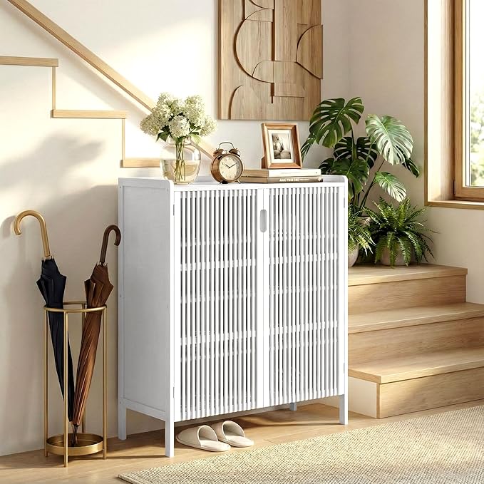 Shoe Cabinet with Doors Bamboo 5 Tiers Shoe Storage Cabinet for Entryway, 25 Pairs Wooden Shoe Cabinets, Modern Shoe Organizer Storage for Living Room, Bedroom, Hallway, Closet (White)