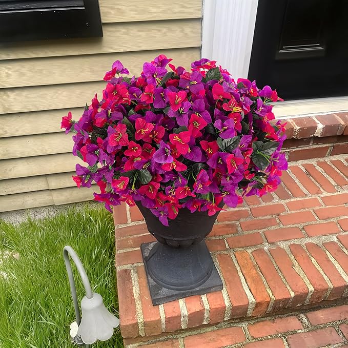 Artificial Flowers Faux Plants for Outdoors Spring Summer Decor, 6 Bundles Fake Bougainvillea Silk Flowers UV Resistant Realistic for Outside Planter Porch Patio Garden Home (Purple Fuchsia)