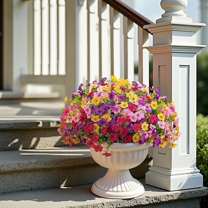 Artificial Fake Flowers Plants for Outdoors Spring Summer Decor,16 Bundles Faux Plant Flowers Silk Daisy UV Resistant for Outside Planter Front Porch Patio Yard Garden Home(Pink,Purple,Yellow,Fuchsia)