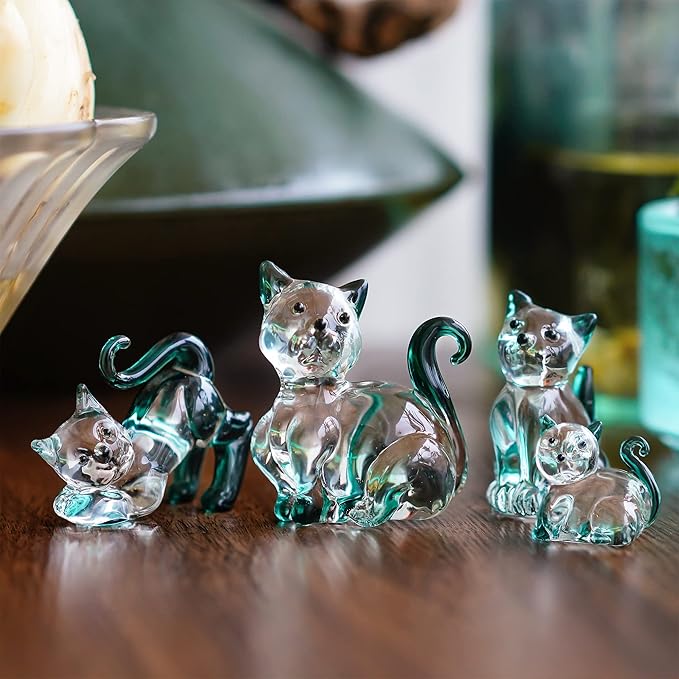 HDCRYSTALGIFTS 2'' Blown Glass Cat Figurines Collectibles Pack of 4 Emerald Green Crystal Kitty Animal Statue Kitten Sculpture for Home Decor Gift for Cat Lovers