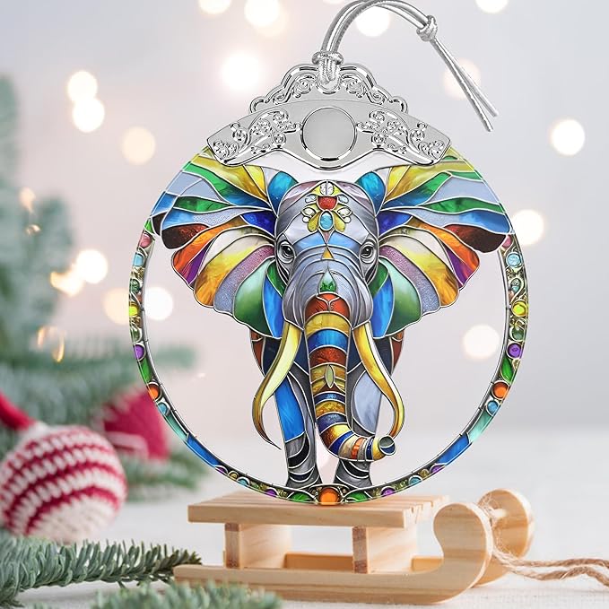 Stained Glass Suncatcher Ornament - Elephant Christmas Decorations - Christmas Ornaments for Tree - Holiday Present Ideas - Gift Exchange