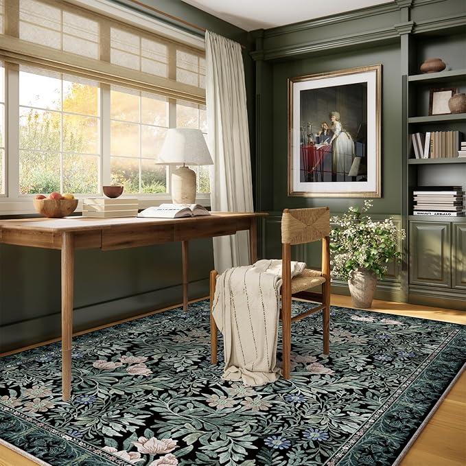 Washable Area Rugs 5x7 Black Green Vintage Floral Botanical Pattern,Perfect for Living Room, Bedroom, Kids Room, Nursery - Stain & Water Resistant Non-Slip, Pet & Child Friendly/Bedroom Decor