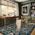 Washable Area Rugs 5x7 Black Green Vintage Floral Botanical Pattern,Perfect for Living Room, Bedroom, Kids Room, Nursery - Stain & Water Resistant Non-Slip, Pet & Child Friendly/Bedroom Decor