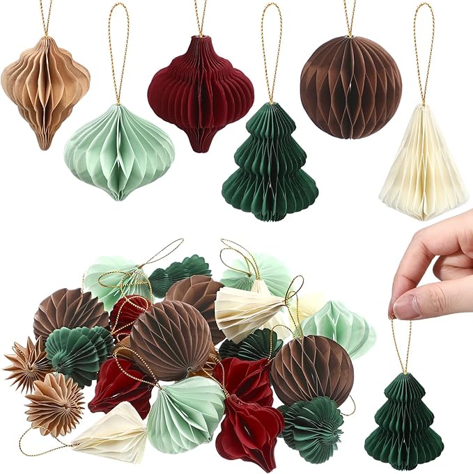 Soulchen 24 Pcs Christmas Paper Honeycomb Ornaments 3D Mini Honeycombs Lantern Vintage Christmas Hanging Ornaments Party Decorations for Xmas Tree Home New Year Decor