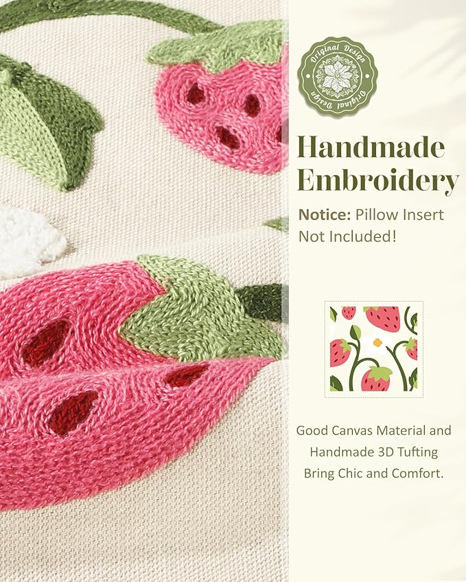 Embroidered Throw Pillow Cover 18x18 Inch - Spring Summer Boho Decorative Pillow Cover with Zipper for Living Room Couch Sofa Bed Aesthetic Design Branch Strawberry Cushion Pillowcase