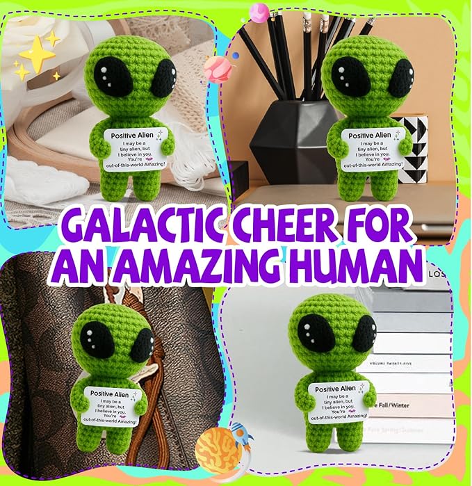 Positive Alien Crochet Plush with Message Affirmation Card - Appreciation Birthday Gift for Women Men, Her Him, Teen, Boy Girl, Inspirational College High School Graduation Congrats Grad Decoration