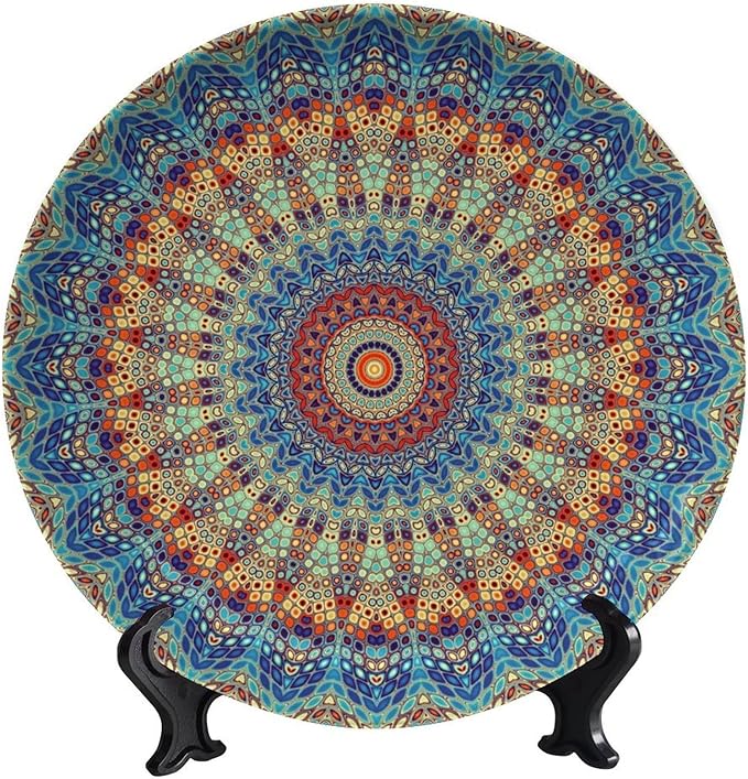 Colorful Decorative Plate Stand, 6 Inch, Blue Mandala Boho Round Display Plate, Table Top Plate Decor with Stand, Ceramic Craft for Wall Hanging Decorative