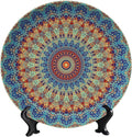 Colorful Decorative Plate Stand, 6 Inch, Blue Mandala Boho Round Display Plate, Table Top Plate Decor with Stand, Ceramic Craft for Wall Hanging Decorative