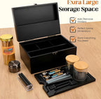 Large Bamboo Storage Box with Lock, Removable Wooden Tray, Airtight Rubber Seal Glass Jars, Decorative Lockable Wooden Organizer Box, Complete Accessories Gift Set