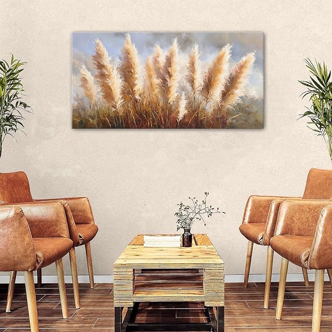 Vintage Boho Reed Canvas Wall Art Abstract Nature Plant Wall Decor Minimalist Botanical Prints Pictures Dried Reeds Flowers Poster Painting Artwork for Living Room Bedroom Home Decoration 24x48"