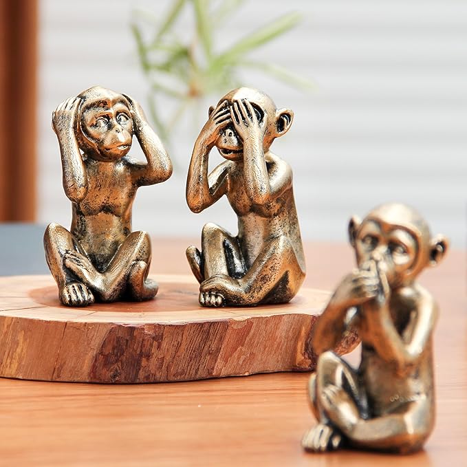 Leekung 3 Wise Monkeys Statue for Home Decor Accents,Hear no Evil See no Evil Speak no Evil Figurine for Living Room Boho Desk Gold Modern Table Decor,Monkey Gift Shelf Decor Accents Antique Bronze