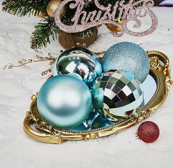 Emopeak 4Pcs Christmas Balls Ornaments for Xmas Christmas Tree - 4 Style Shatterproof Christmas Tree Decorations Hanging Ball for Holiday Wedding Party Decoration (Teal Blue, 4"/10CM)