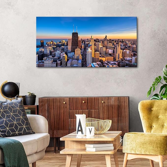 AIYISU Chicago Skyline Wall Art Chicago City Wall Decor Night Cityscape Canvas Prints Pictures City Skyscraper Painting Poster Modern Artwork for Kitchen Bedroom Living Room Home Decoration 24x48”