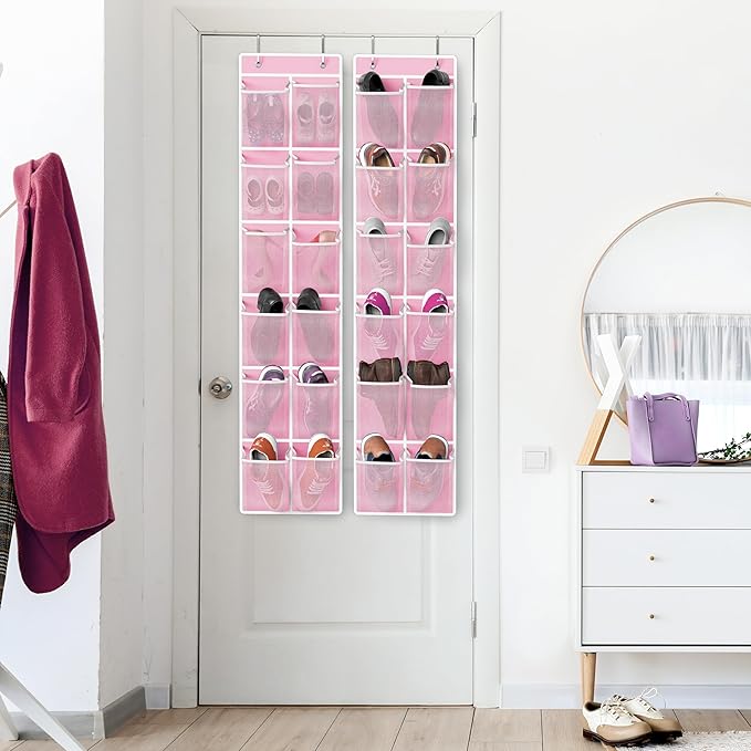 Simple Houseware 24 Pockets - 2PK 12 Large Pockets Over Door Hanging Shoe Organizer, Pink