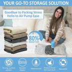 Cozy Essential Travel Vacuum Storage Bags with Rechargeable Cordless Electric Pump, Space Saver Bags for Luggage, Suitcase, Carry-On, for Clothes, Blankets, Comforters, Pillows, 12 Combo