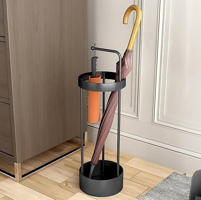 Golden Rust Proof Umbrella Holder, Entrance Drain Umbrella Bucket, Steel Circular Umbrella Holder, Umbrella Storage Rack, Suitable for use in Homes, Offices, Hotel Lobbies （Black）