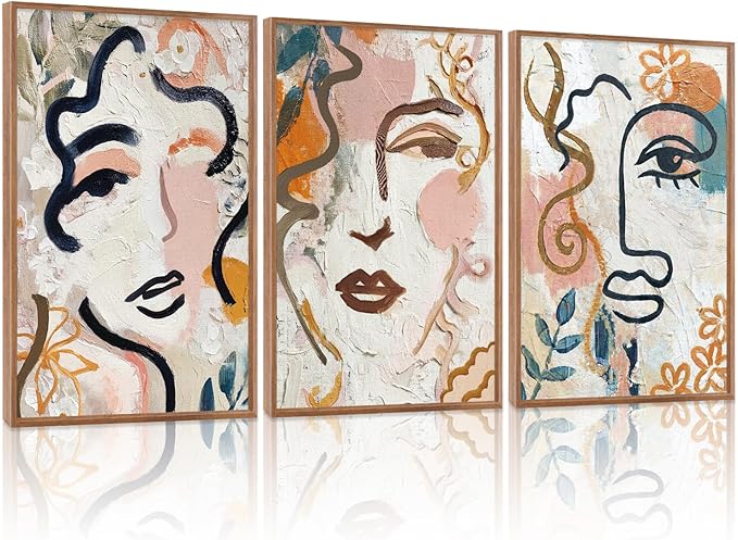 KAlRNE Abstract Human Face Wall Art Set of 3(16”X24”),Boho Line Wall Decor,Modern Matisse Framed Canvas Paintings,Colorful Floral Graffiti Art Prints For Living Room Bedroom Office Decoration
