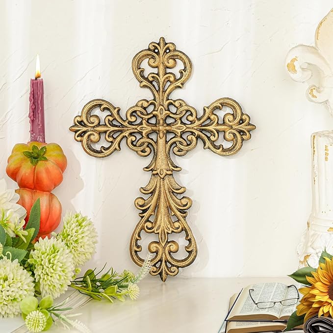 Sungmor Vintage Cast Iron Cross Wall Decor, 13.8" Tall Heavy Duty Rustic Gold Finish Wall Sculpture,Ornate Metal Art Farmhouse Home Decor