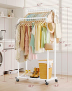 Clothes Rack - Double Rods Clothing Rack with Mesh Shelf, Hooks & Wheels, Metal Clothing Racks for Hanging Clothes & Bags, Multifunctional Garment Rack for Laundry, White, 28.7" x 16.5" x 59.1"