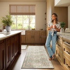 Non-Slip Washable Runner Rug 2x6, Beige & Blue Vintage Design for Hallway, Kitchen, Laundry Room & Bathroom