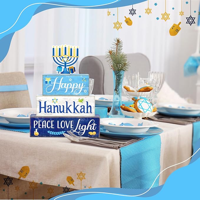 Moucuny 4 Pcs Hanukkah Decorations for Home Chanukah Table Decor Wooden Menorah Decoration Hanukkah Centerpiece Rustic Decorative Menorah Block Signs Gift Farmhouse Jewish New Year Decoration for Home