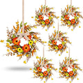 6 Pcs Mini Fall Autumn Swags Wreaths Thanksgiving Artificial Daisy Candle Rings Wreaths Autumn Cabinets Farmhouse Wreath with Ribbon for Pillar Front Door Porch Wall Window Decoration