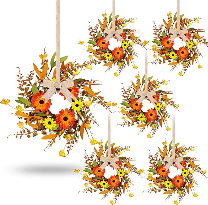 6 Pcs Mini Fall Autumn Swags Wreaths Thanksgiving Artificial Daisy Candle Rings Wreaths Autumn Cabinets Farmhouse Wreath with Ribbon for Pillar Front Door Porch Wall Window Decoration