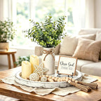 Rustic Modern Farmhouse Decor Set of 7 for Your Living Room, Kitchen Counter, Home or Table Centerpieces Room Decor, Wood Round Decorative Tray Gifts for Women Men (White)