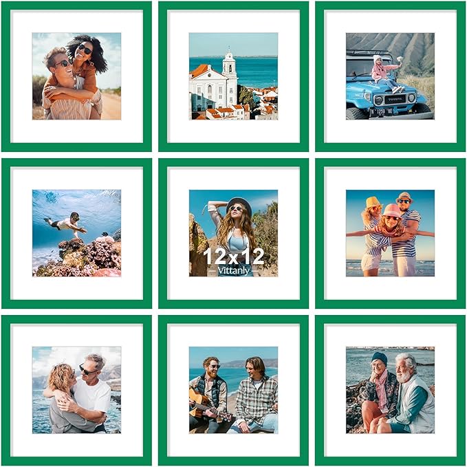 Vittanly 12x12 Picture Frames Set of 9, Shatter Resistant Plexiglass, Display 8x8 Pictures with Mat or 12x12 without Mat, Photo Frames for Wall Mount, Engineered Wood, Green