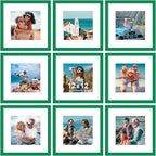 Vittanly 12x12 Picture Frames Set of 9, Shatter Resistant Plexiglass, Display 8x8 Pictures with Mat or 12x12 without Mat, Photo Frames for Wall Mount, Engineered Wood, Green