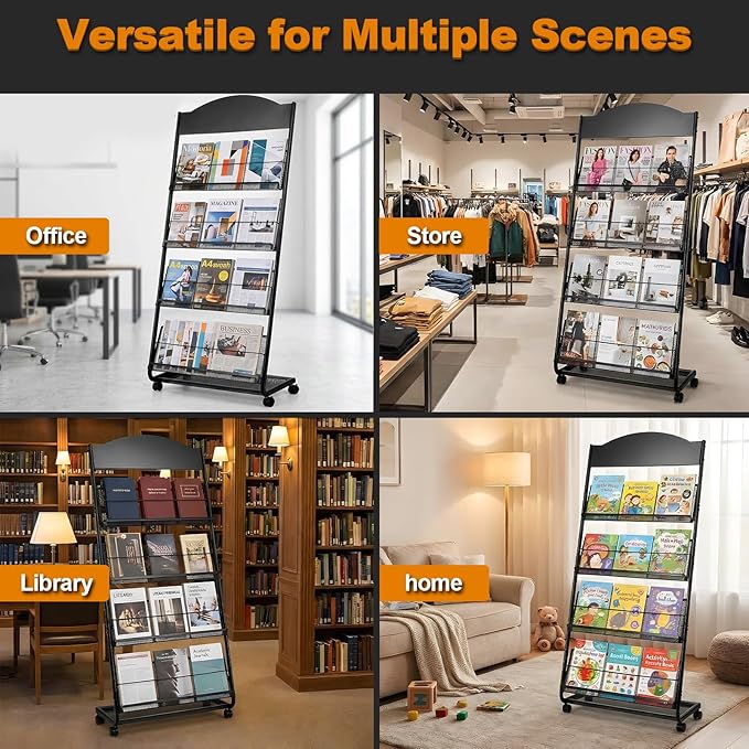 4-Tier Heavy Duty Magazine Display Rack School Furniture - Metal Brochure Holder with 4 Lockable Wheels, Detachable Literature Stand with Back Storage Floor Standing Rack (58.2" H×25" W)