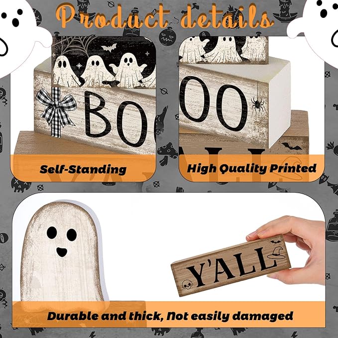 Lineshading 4 Pcs Halloween Table Decoration Wooden Ghost Tiered Tray Decoration Rustic Wood Ghost Block Signs Gift Halloween Centerpiece Farmhouse for Home Tabletop Kitchen Shelf