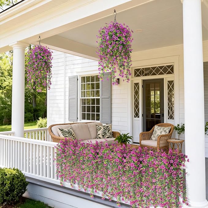 Artificial Hanging Flowers for Outdoors, 2 Pcs Fake Hanging Plant Spring Summer Decor, UV Resistant No Fade Realistic Faux Flower for Front Door Porch Planter Patio Garden Yard(Purple)
