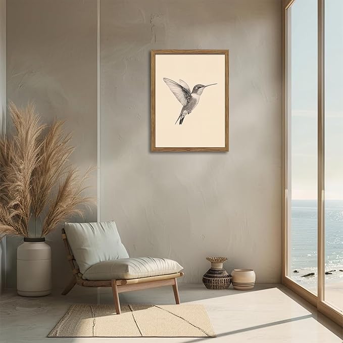 Vintage Framed Wall Art, Birds Canvas Prints, Hummingbird Sketch Painting Picture, Neutral Farmhouse Artwork Wall Decor for Living Room Bedroom – Dark Wooden Frame 12x16in