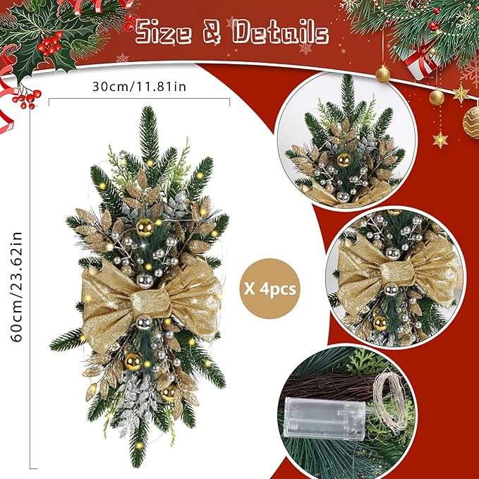IPOPU 4PCS 24in Gold Christmas Swags Cordless Prelit Teardrop Swag, Christmas Stairs Decorations Light up Christmas Swag Wreath for Stair Window Wall Home Decor (Gold)
